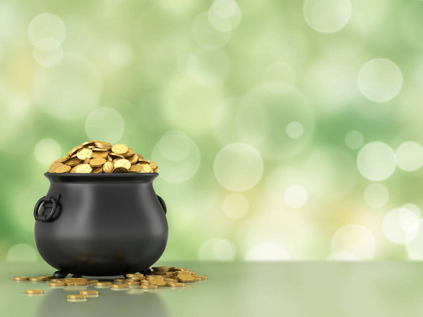 3D render van zwarte pot vol gouden munten - Foto, afbeelding