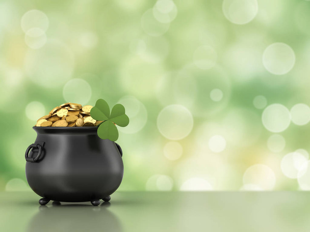 3d render of black pot full of gold coins with shamrock - Foto, immagini