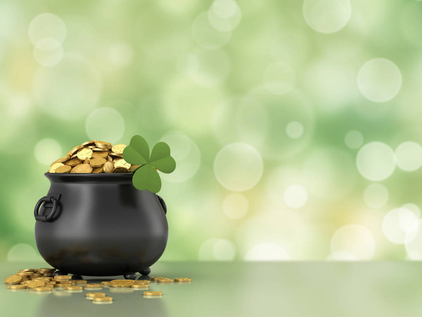 3d render of black pot full of gold coins with shamrock - Фото, изображение