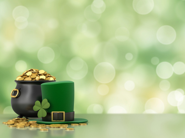 3d render of black pot full of gold coins and leprechaun hat - Foto, imagen