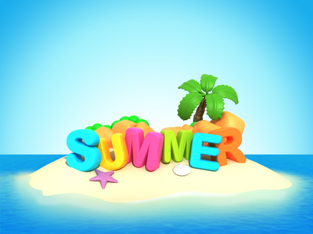 3D-Darstellung einer niedlichen Insel mit Sonnenschirm und Kokosnussbaum - Foto, Bild
