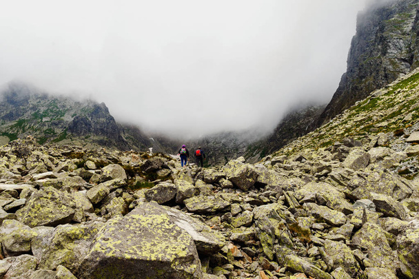 Couple of travelers climbing to top of mount Rysy, high tatras mountains in Slovakia - 写真・画像