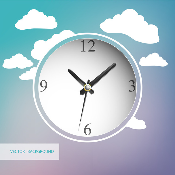 White vector clock with clouds on background - Vector, Image