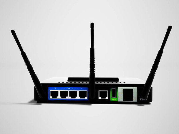 Moderno router wifi negro tres antenas en tres computadoras detrás de la representación 3d en fondo gris con sombra
 - Foto, Imagen