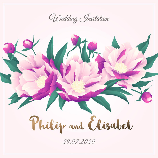 Vintage Wedding Invitation template with peonies. Vector illustration - Vector, Image