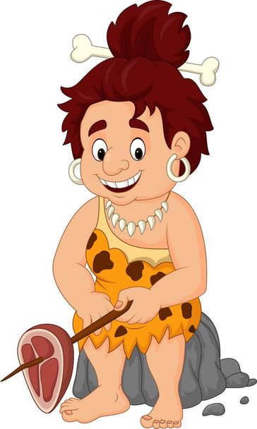 Cartoon vrouwelijke holbewoner met vlees - Vector, afbeelding