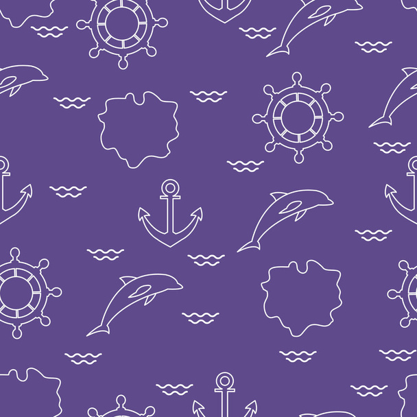 Seamless pattern with dolphins, anchors, steering wheels, waves, islands. Summer leisure. - Вектор, зображення