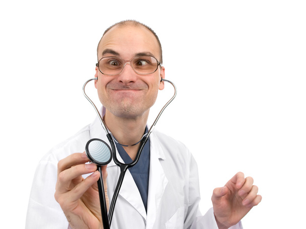 Crazy doctor using a stethoscope - Фото, зображення