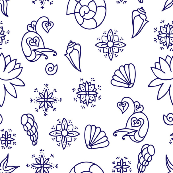 Sea life. Seamless underwater pattern. Hand drawn vector illustration. Seashells and doodle elements. Blue line drawing isolated on white background. - Вектор,изображение