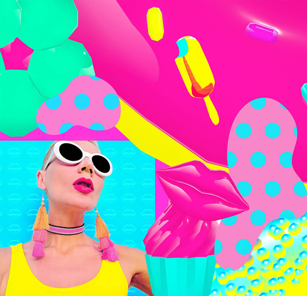 Stylish Candy girl in trendy summer accessories. Sunglasses, choker, earrings. Fashion colorful collage art - Φωτογραφία, εικόνα