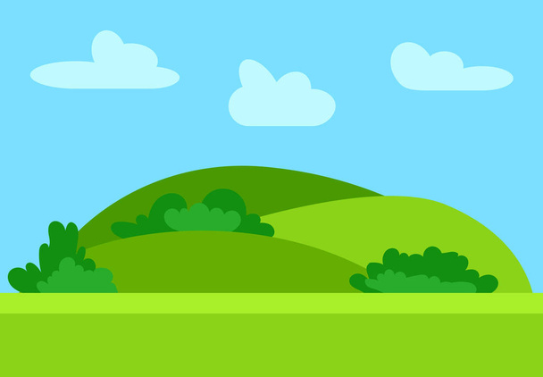 Φυσικό γελοιογραφία τοπίο σε επίπεδη στυλ με καταπράσινους λόφους, μπλε του ουρανού και τα σύννεφα στην ηλιόλουστη μέρα. Διάνυσμα illustratio - Διάνυσμα, εικόνα