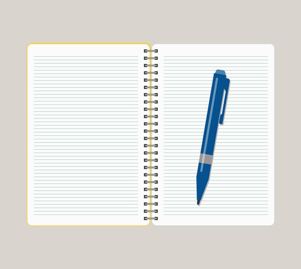 Notitieblok openen met een blauwe pen. Vector illustratio - Vector, afbeelding