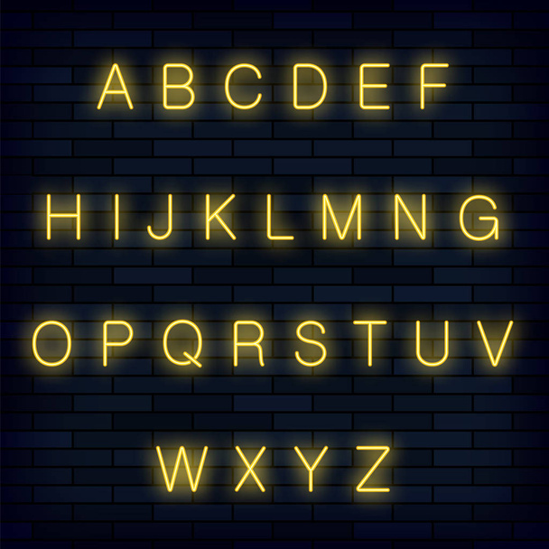 Alfabet żółty Neon na tle niebieski cegły. Retro liter. Zestaw typu Realictic. Projekt graficzny tekstu. - Wektor, obraz