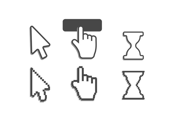 Pixel cursores iconos flecha de la mano del ratón. Cursor de la computadora del ratón. Mano flecha web cursor conjunto - Vector, imagen