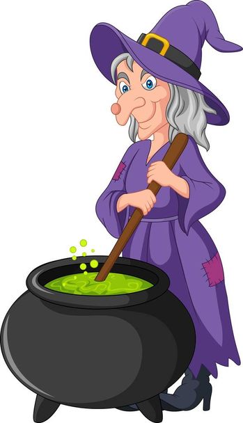 Маленькая ведьма-мультяшка готовит зелье
 - Вектор,изображение