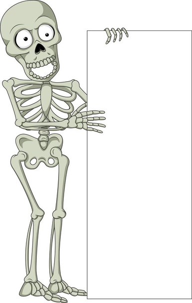 Esqueleto de dibujos animados con signo en blanco
 - Vector, imagen
