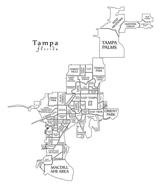 Mapa de la ciudad moderna - Tampa Florida ciudad de los Estados Unidos con barrios y títulos esquema mapa
 - Vector, imagen