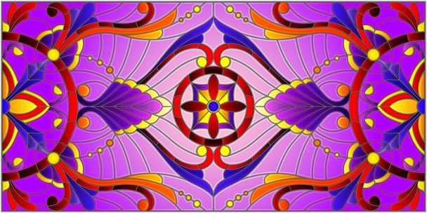 Illustratie in gebrandschilderd glas stijl met abstracte wervelingen, bloemen en bladeren op een paarse achtergrond, horizontale oriëntatie - Vector, afbeelding