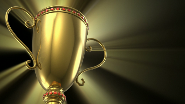 Ödül kazanan ve şampiyonluk kavramı: siyah arka plan üzerinde sorunsuz döngü altın parlayan kupa cup - Video, Çekim