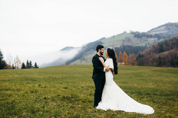 happy young  beautiful  couple of newlyweds outdoors - 写真・画像