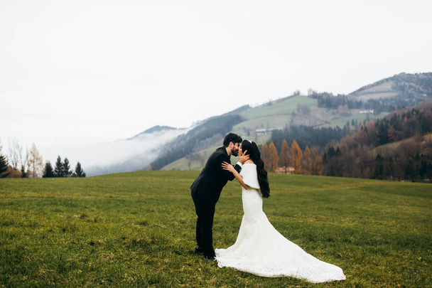 happy young  beautiful  couple of newlyweds kissing - 写真・画像