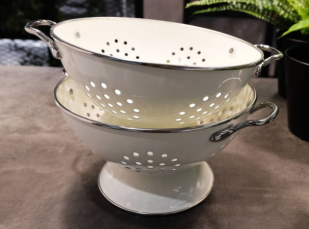 Kitchen Utensil, Set of Empty Decorated White Metal Bowl with Pedal Use for Served Fresh Fruit and Vegetables, Preparing for Special Dinner or Lunch. - Photo, Image