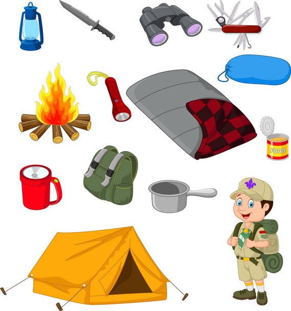 Hiking camping equipment base camp gear and outdoor accessories - Vector, Image