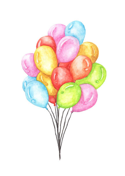 Akwarela bukiet z kolorowych balonów na białym tle. Pozdrowienie obiektu sztuki - Zdjęcie, obraz