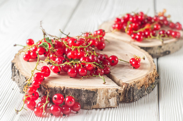 Berry crop: ripe red currants on round wooden stands on a white wooden background. Close-up. - Foto, imagen