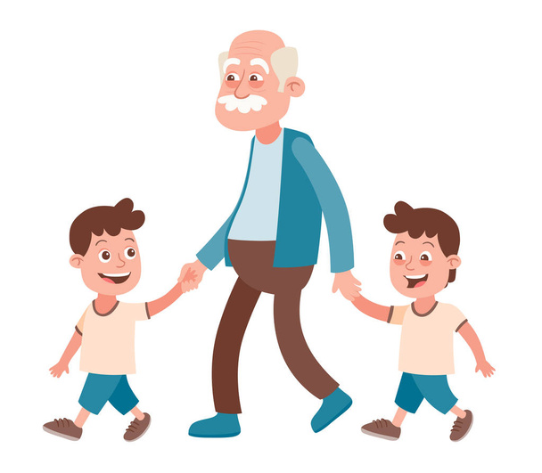 Grootvader met hun kleinkinderen lopen, hij neemt hen mee bij de hand. Twee jongens, tweeling. Cartoon stijl, geïsoleerd op een witte achtergrond. Vectorillustratie. - Vector, afbeelding
