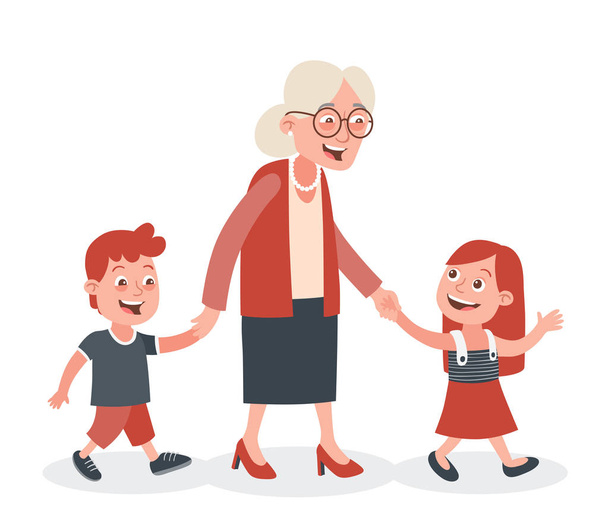 Großmutter mit ihren Enkeln beim Gehen, sie nimmt sie an der Hand. ein Junge und ein Mädchen. Cartoon-Stil, isoliert auf weißem Hintergrund. Vektorillustration. - Vektor, Bild
