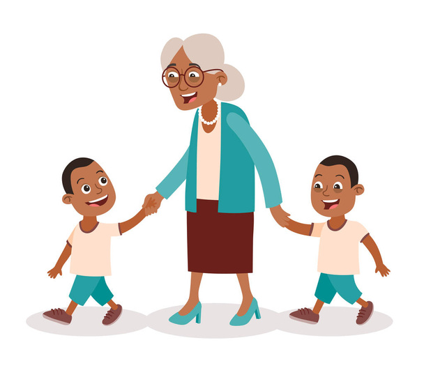 Nagymama az unokáival séta. Két fiú, ikrek. Elviszi őket a kezét. Rajzfilm stílusú, elszigetelt fehér background. Vektoros illusztráció. - Vektor, kép
