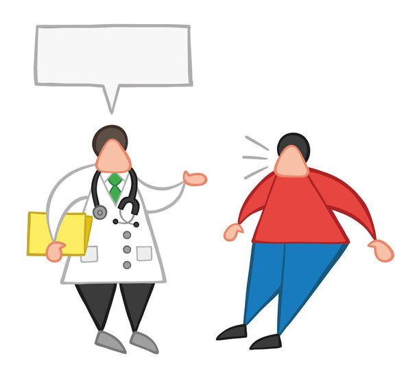 Vector illustration cartoon doctor man holding folder and talking to his patient with blank speech bubble and oatient surprised. - Vector, Image
