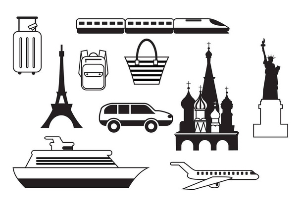 Conjunto de iconos de viaje. Aplicación móvil, impresión, icono del sitio web. Elementos simples. Avión monocromo, tren, barco, escaparate e ilustración de vectores de equipaje - Vector, imagen