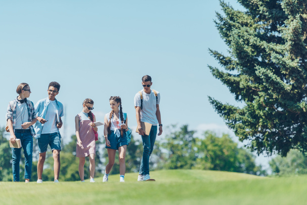 estudantes adolescentes multiétnicos com livros e skate conversando enquanto caminham juntos no parque
   - Foto, Imagem