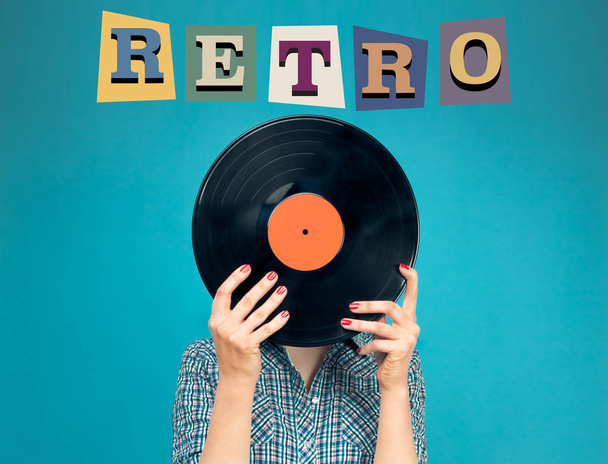 Invitation for retro party. Retro picture of woman with vinyl record on blue background. Retro letters. - Zdjęcie, obraz
