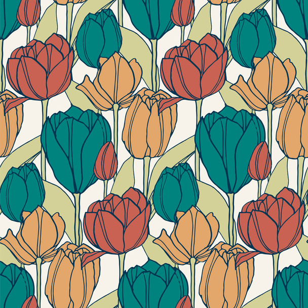 seamless vector colorful retro pattern with hand drawn tulip flowers. design for textile, interior, packaging - Vector, Imagen