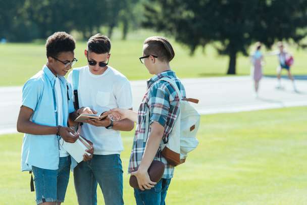 adolescentes multiétnicos con libros y mochilas de pie y hablando juntos en el parque
 - Foto, Imagen