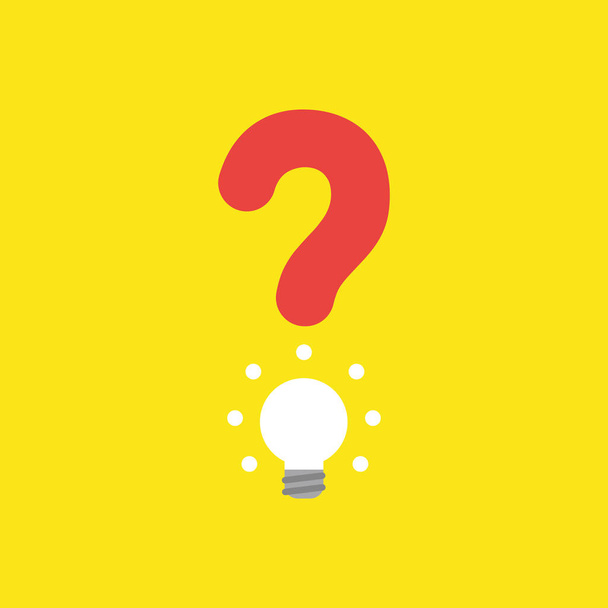 Flat vector icon concept of question mark with glowing light bulb on yellow background. - Vector, Image
