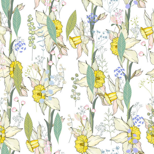 Seamless floral decorative pattern with yellow daffodils. Endless texture for your design, fabrics, decor. - Διάνυσμα, εικόνα