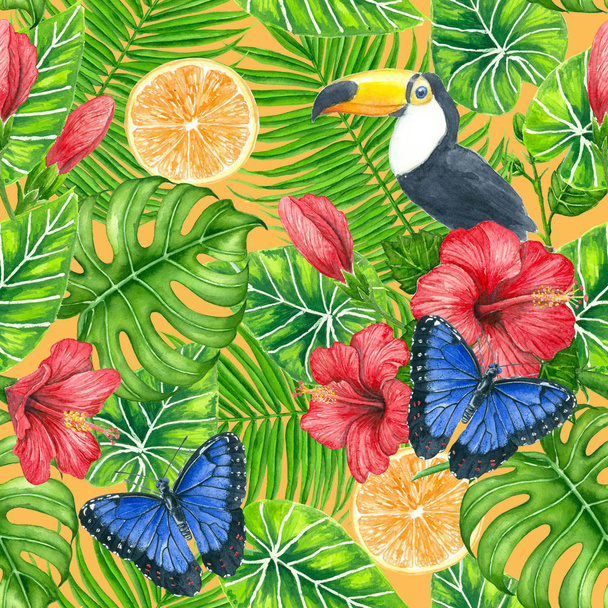 Seamless watercolor pattern with toucan, butterfly, hibiscus and tropical leaves. - Fotografie, Obrázek