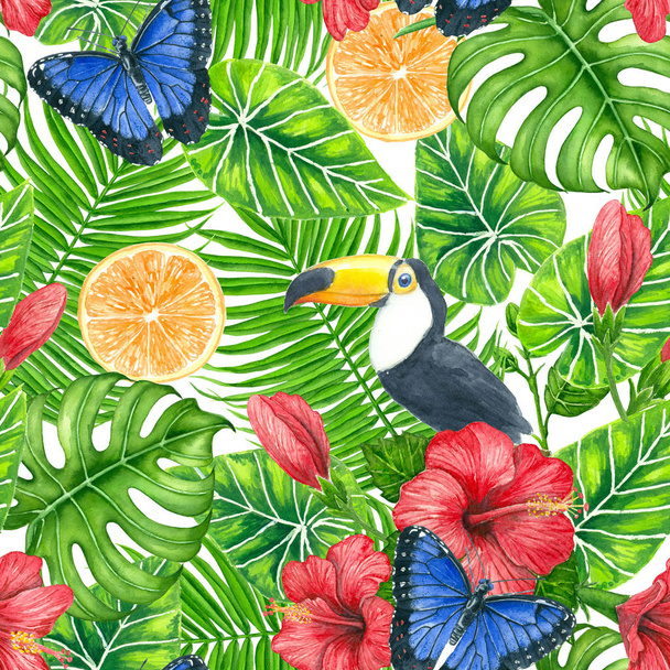 Seamless watercolor pattern with toucan, butterfly, hibiscus and tropical leaves. - Fotoğraf, Görsel