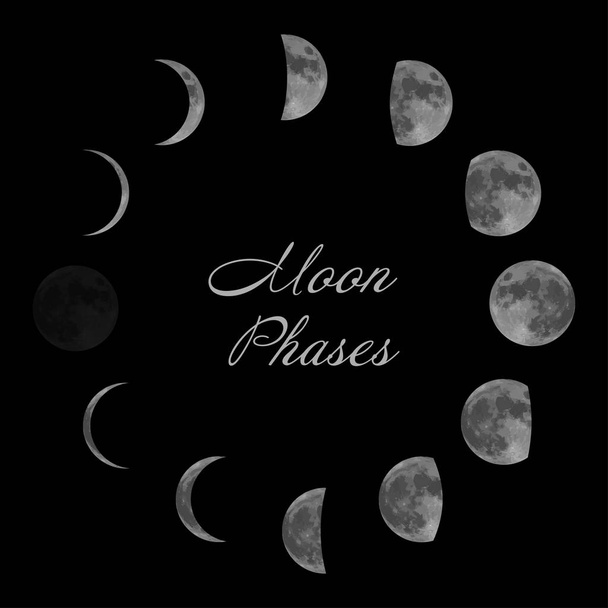 Mondphasen für Mondkalender. isoliert auf schwarzem Hintergrund. Vektor. - Vektor, Bild