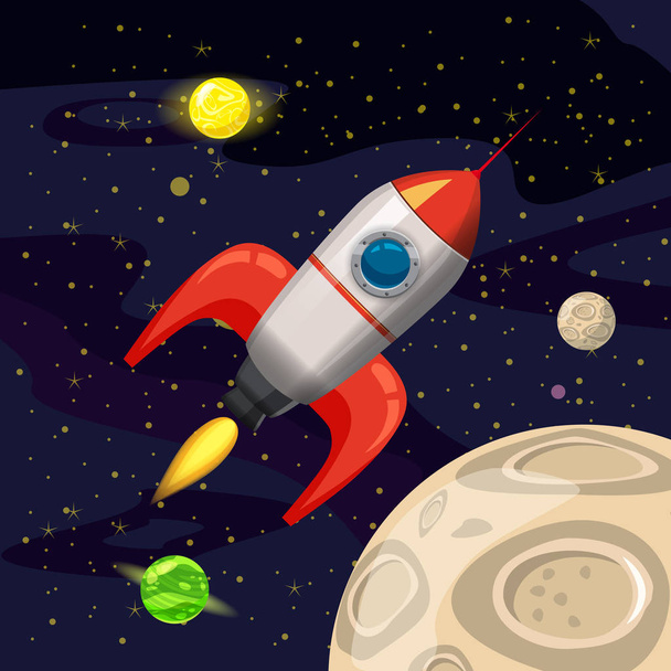 Lancement de fusée spatiale, vaisseau spatial, fond spatial, dessin animé, illustration vectorielle
 - Vecteur, image