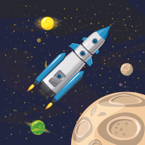 Запуск космической ракеты, космический корабль, космический фон, стиль мультфильма, векторная иллюстрация
 - Вектор,изображение