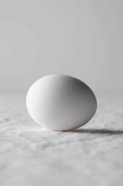 Close-up of white egg on a white linen tablecloth background. - Foto, imagen