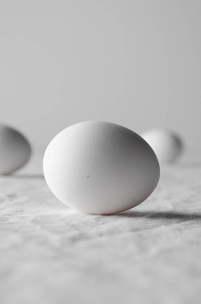 Close-up of white egg on a white linen tablecloth background. - Photo, image