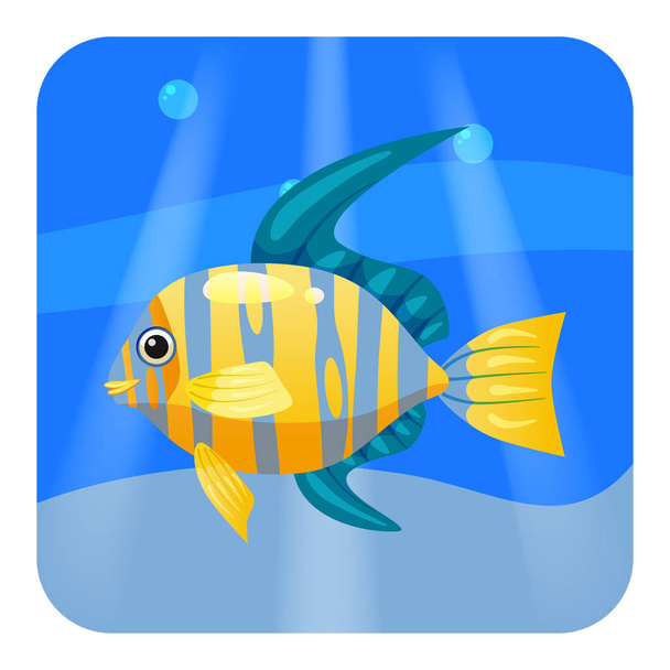 Roztomilá krásná žlutá tropických ryb, na pozadí moře, oceán, vektorové, izolované, kreslený styl - Vektor, obrázek