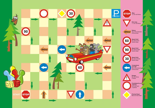 Настільна гра для дітей, тварини на червоній машині, дорожній знак, Векторні ілюстрації
 - Вектор, зображення