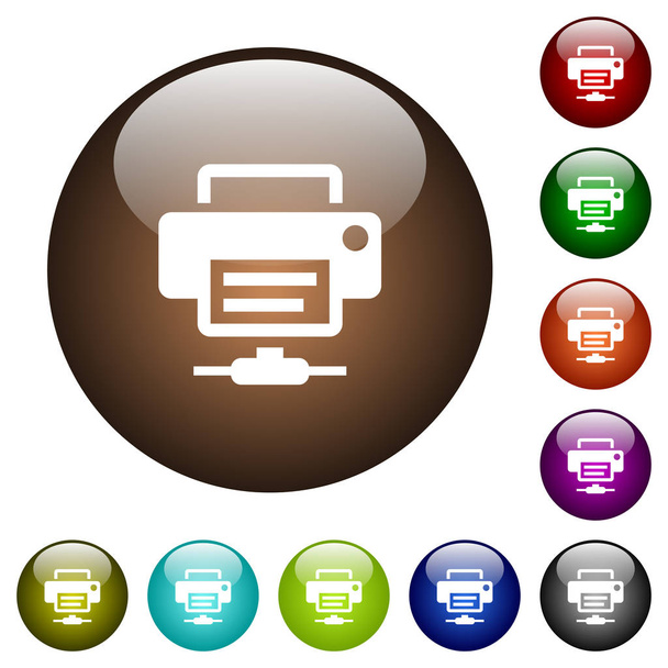 Impresora de red iconos blancos en botones de vidrio de color redondo
 - Vector, imagen
